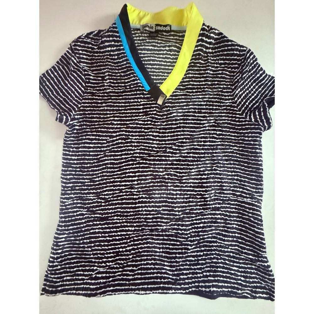 Jamie‎ Sadock Top Striped V-Neck Polo Black White Yellow Golf Womens Size L